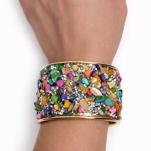 Multicolor Cuff Bracelet Wide Statement Bangle Rhinestone Mosaic Boho Bracelet